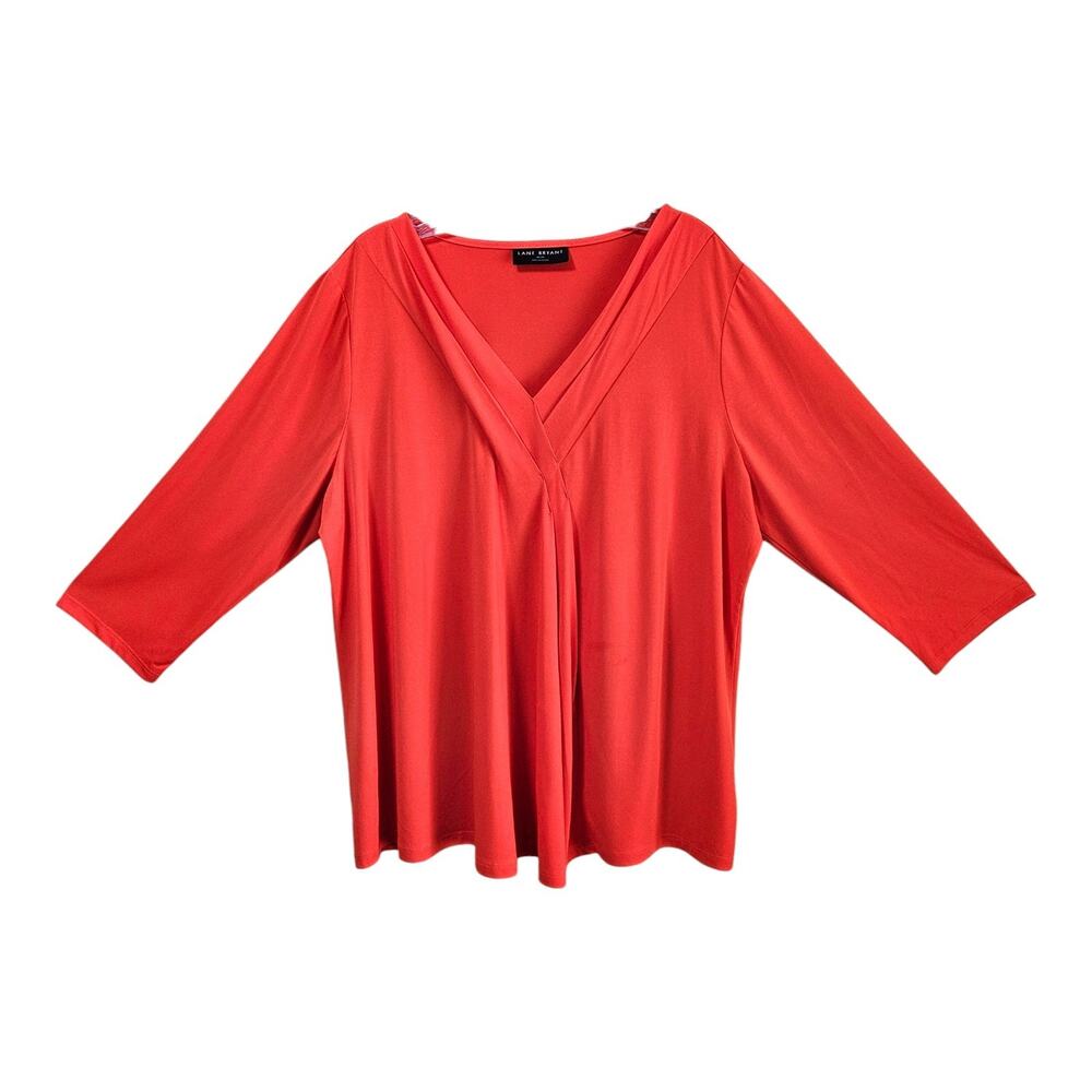 LANE BRYANT Women's Plus 18 20 Tunic Top Coral Orange Pleated 3/4 Sleeve 46"